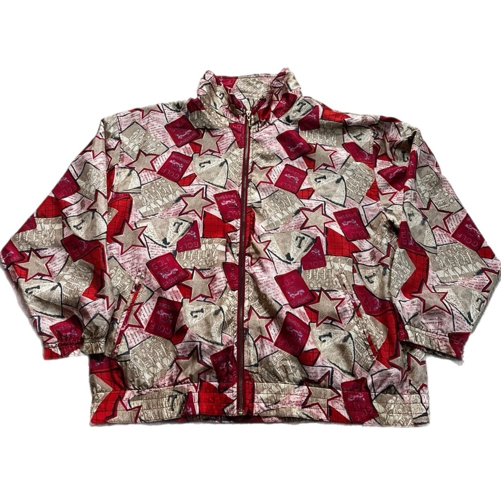 VTG 80s Silk Pink Golf Cart Print Stars Bomber L